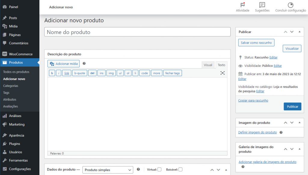 adicionar novo produto pelo plugin WooCommerce no WordPress