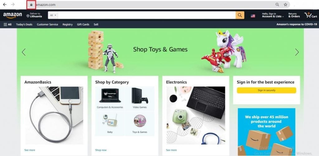 página inicial da amazon com o cadeado de ssl em destaque