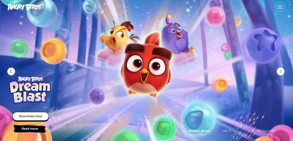 página inicial da franquia Angry Birds, anunciando o jogo Angry Birds Dream Blast