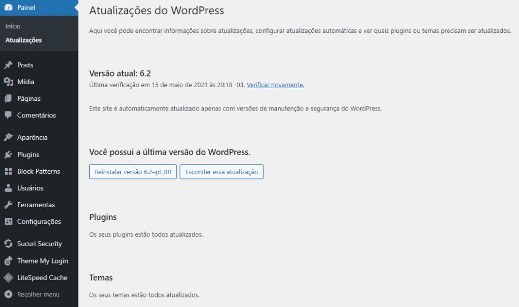 tela de atualizações do wordpress