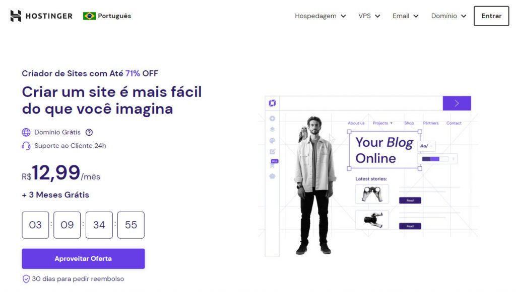 página do criador de sites no site da hostinger