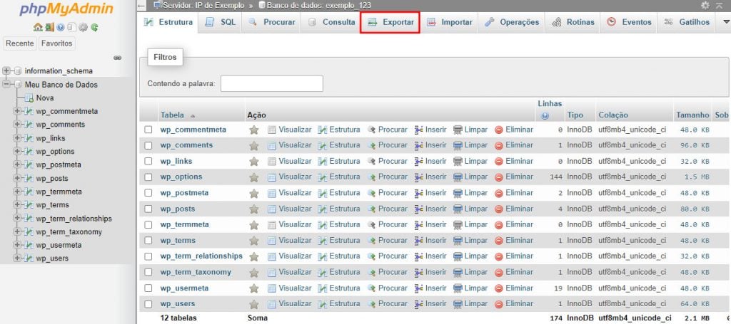 banco de dados do phpmyadmin com o campo exportar em destaque