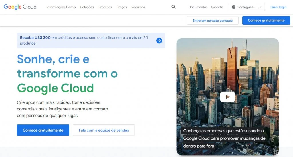 página inicial do site da plataforma google cloud