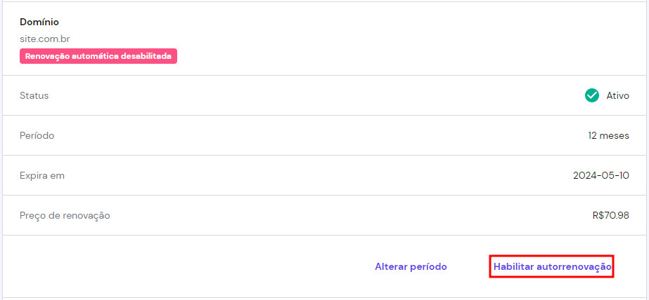 opção de habilitar autorrenovação de domínio no hpanel