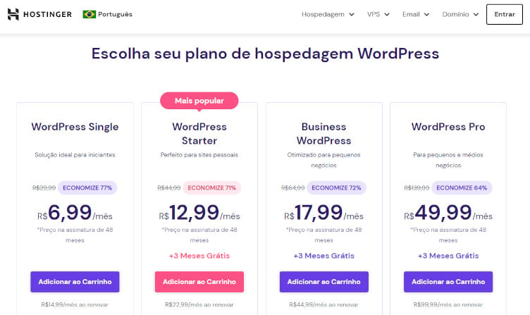 planos de hospedagem wordpress da hostinger