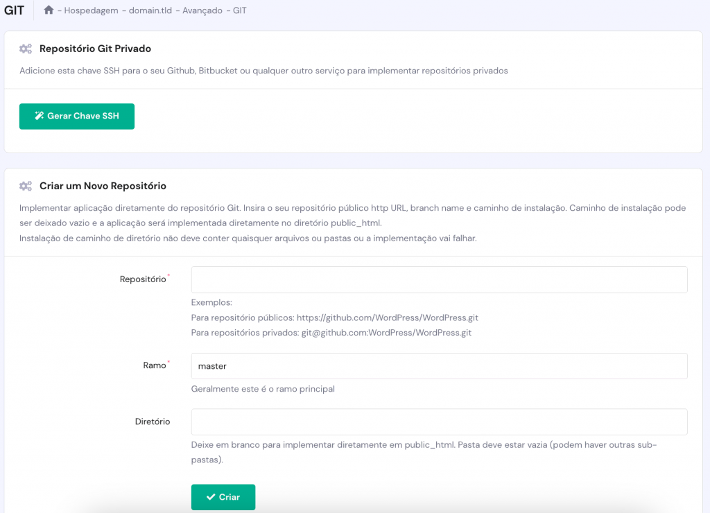 a tela criar um novo repositório no hpanel