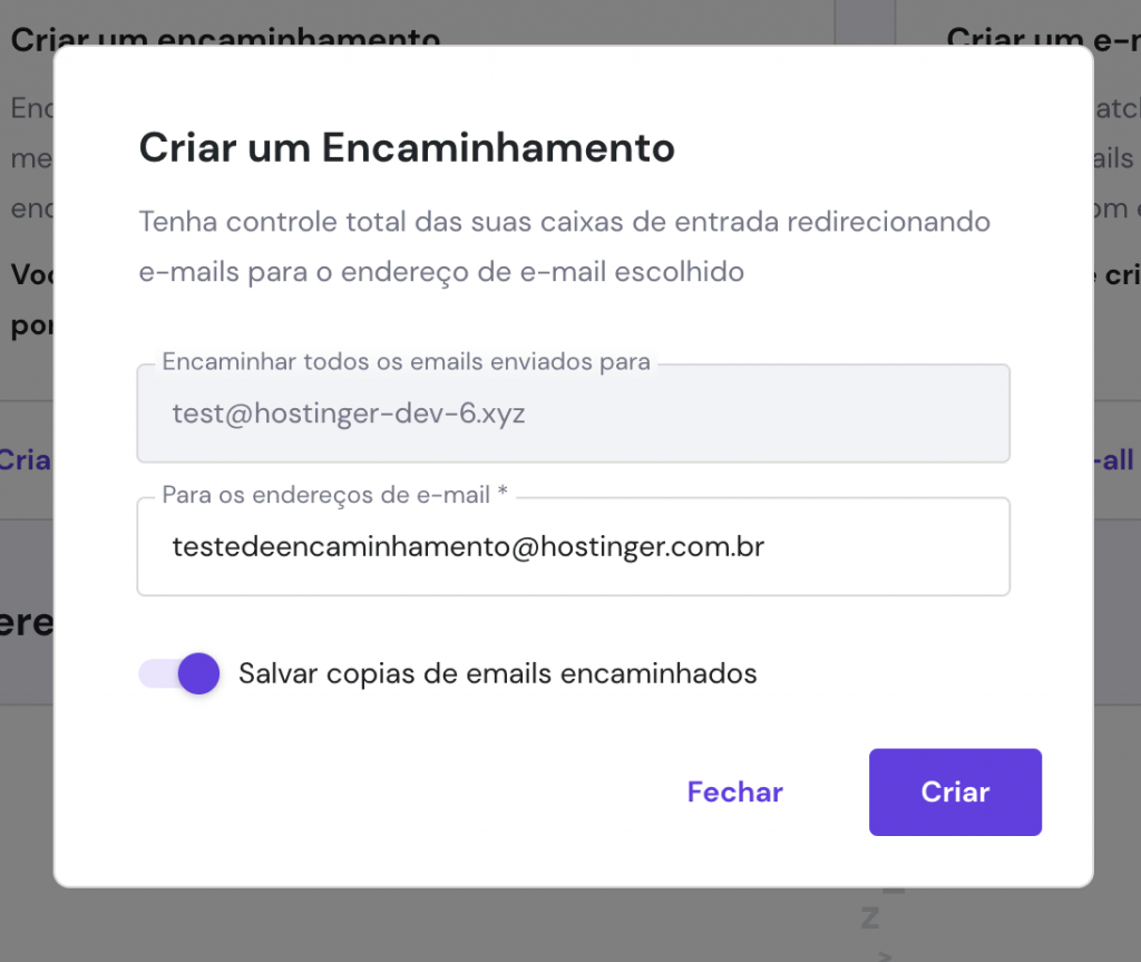 criar redirecionamento de email na hostinger