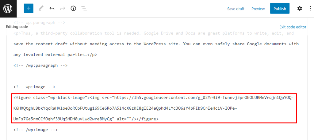 Editor de códigos indicando que a imagem do post está situada no servidor Google do usuário