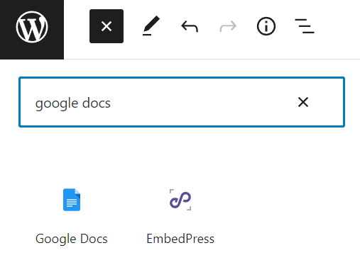 Adicionando novo bloco de Google Docs no editor de blocos do WordPress