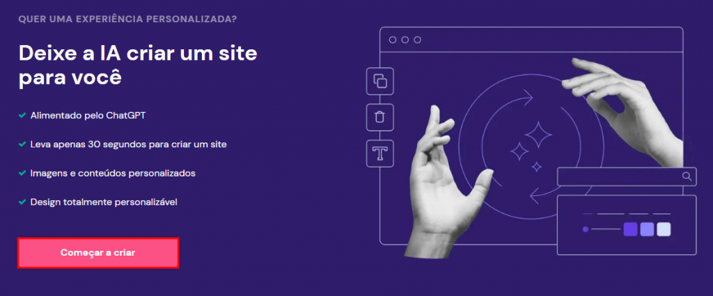 exemplo de cta, com o botão "começar a criar" do site da hostinger em destaque