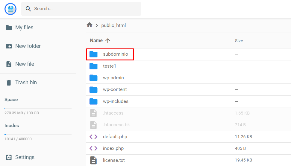 Gerenciador de arquivos do hPanel - Destaque para a pasta do subdomínio cuja versão PHP pretende ser atualizada