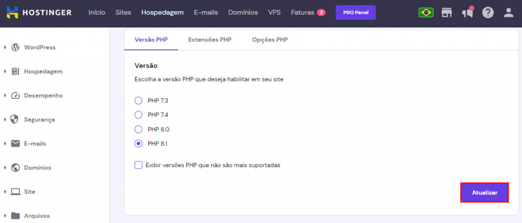 Atualizando a versão PHP do site pelo hpanel