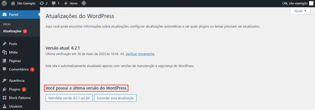 Sessão de atualizações do WordPress - destaque para a mensagem de versão atualizada