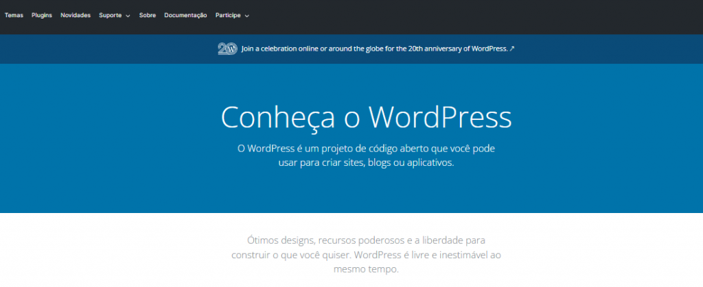 Página inicial do site do WordPress.org