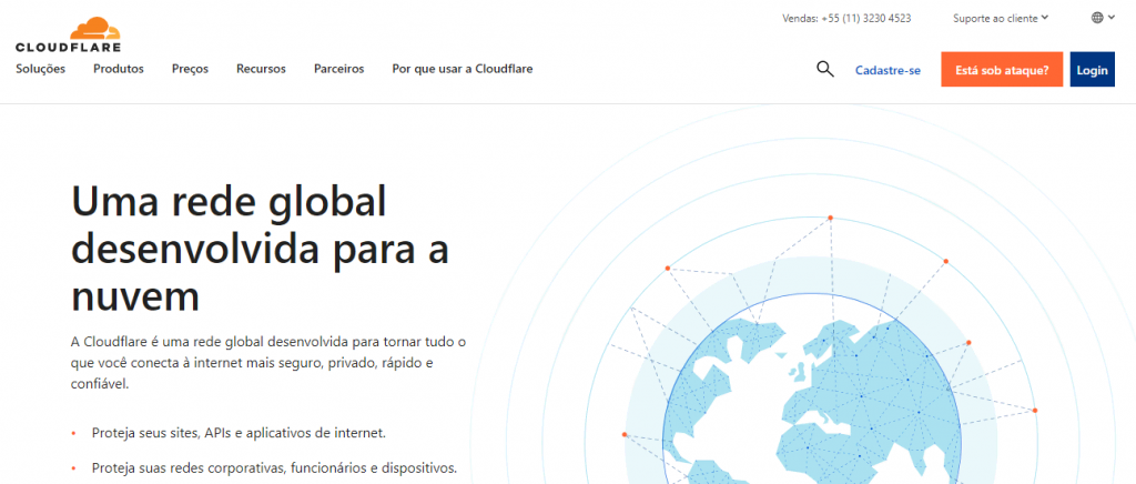 Página do site da rede de distribuição de conteúdos Cloudflare