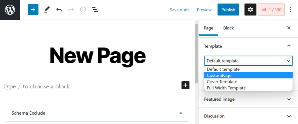 Selecionando template na barra lateral direita do editor do WordPress