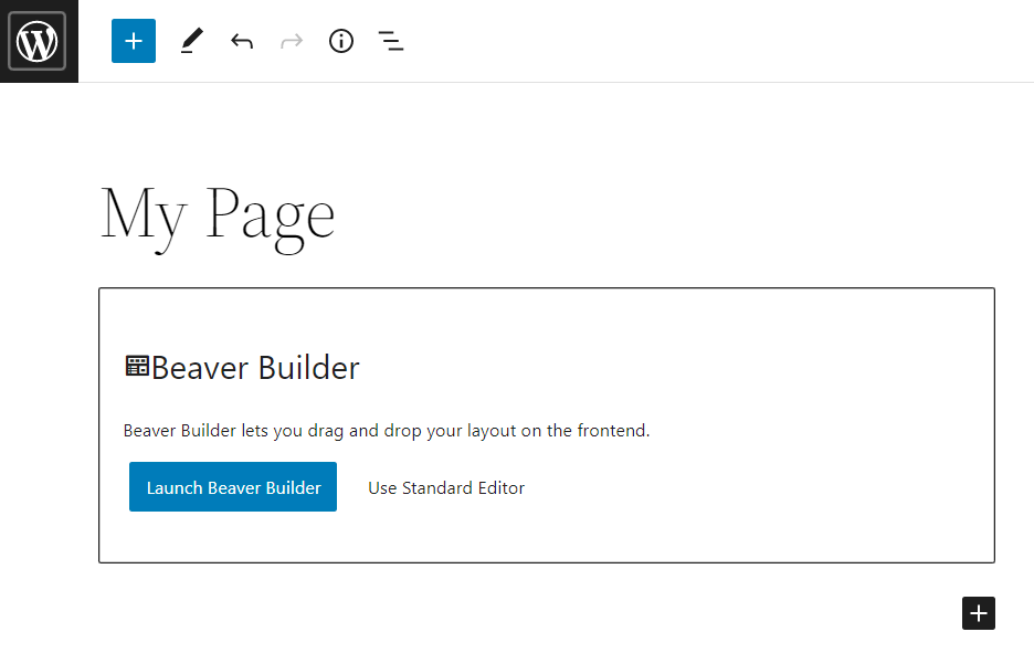 Destaque para o botão de inicialização do Beaver Builder no editor de páginas do WordPress