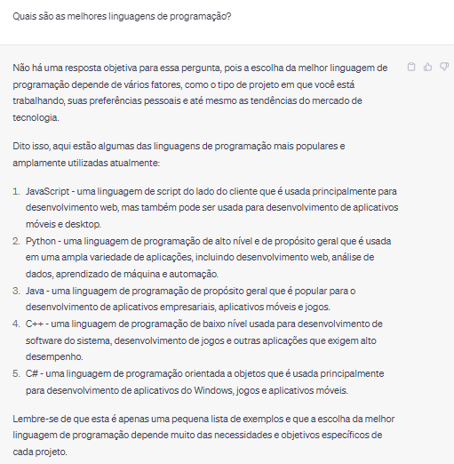 resposta do chat gpt para a pergunta "quais as melhores linguagens de programação?"