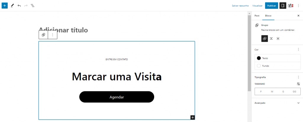 Exemplo de padrão de bloco do tipo CTA no editor de blocos do WordPress