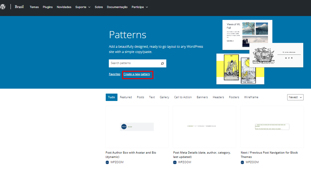 Destaque para o link de criar novo padrão na página do diretório de padrões do WordPress