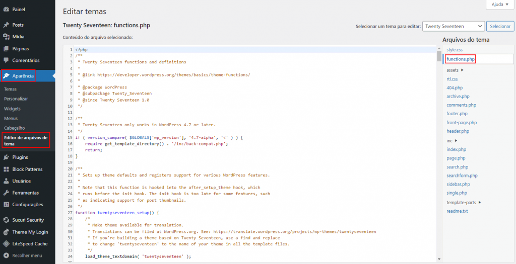 Captura de tela do arquivo functions.php aberto pelo editor de arquivos do tema no painel WordPress