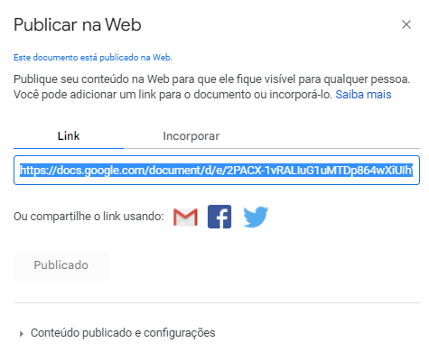 Copiando link do Google Docs para compartilhamento na web