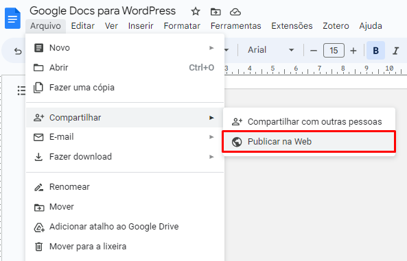 Compartilhando arquivo do Googlw Docs na opção "Publicar na Web"