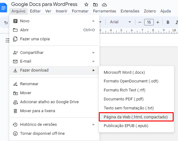 Salvando arquivo do Google Docs no formato "Página da Web (.html, compactado)"