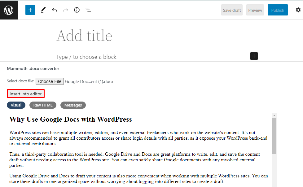Destaque para o botão "Insert into editor" para inserir arquivo do Google Docs no editor de blocos WordPress
