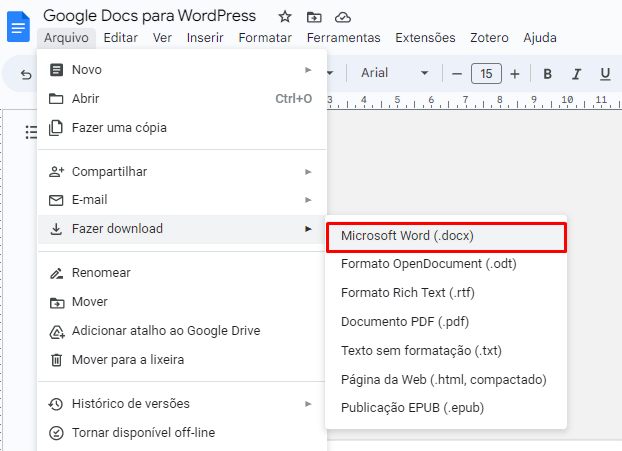 Baixando arquivo do Google Docs no formato "Microsoft Word (.docx)"