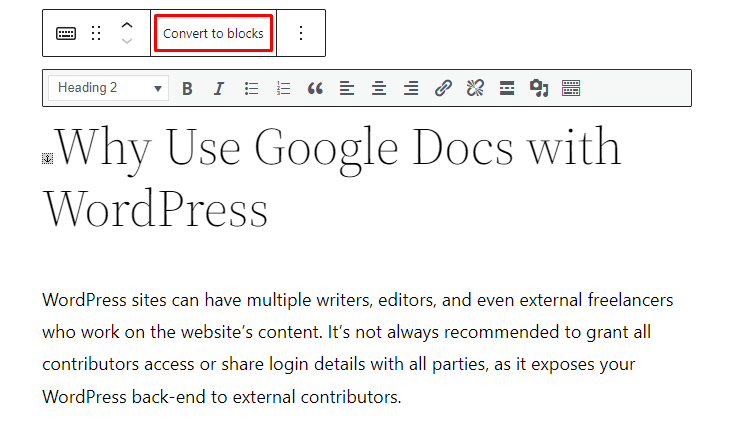 Convertendo arquivo do Google Docs em bloco do WordPress