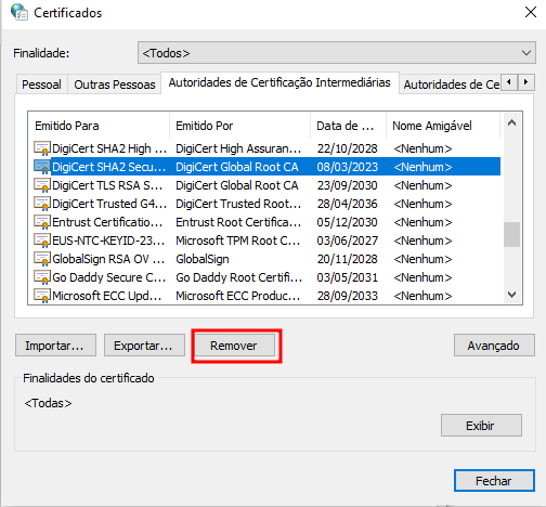 Removendo e estado SSL na janela de gerenciamento de certificados do Windows