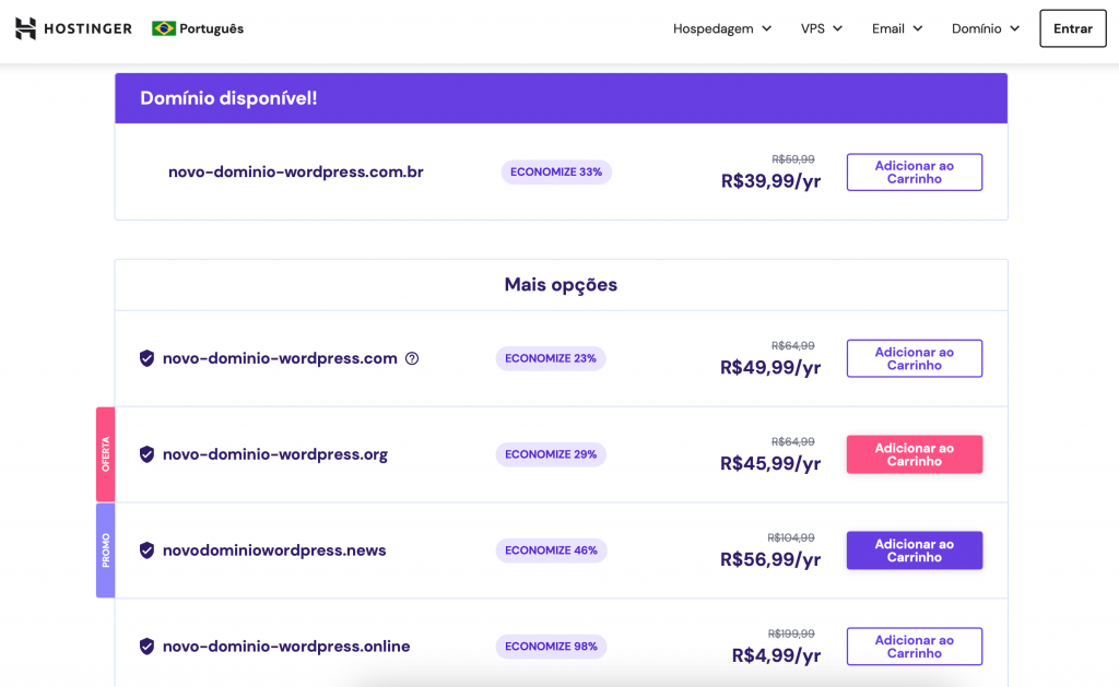 escolhendo e comprando domínio na hostinger