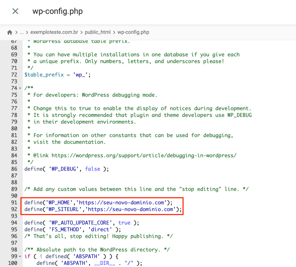 modificando arquivo wp-config.php para alterar domínio de site wordpress