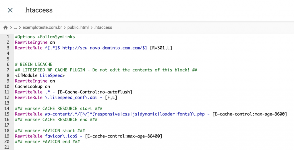alterando código do .htaccess para mudar domínio de site wordpress