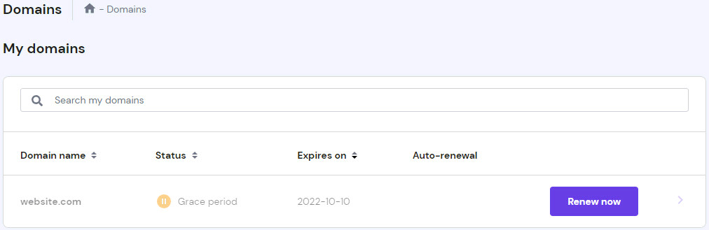 hpanel domains page shows domain in grace period