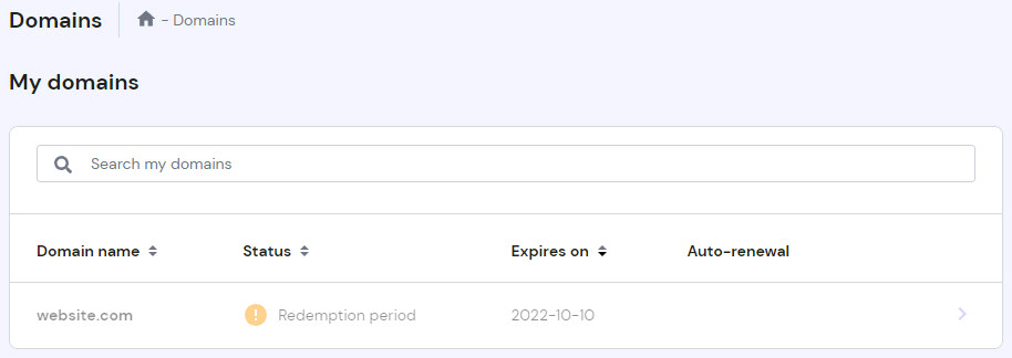 hpanel domains page showing domain in redemption period