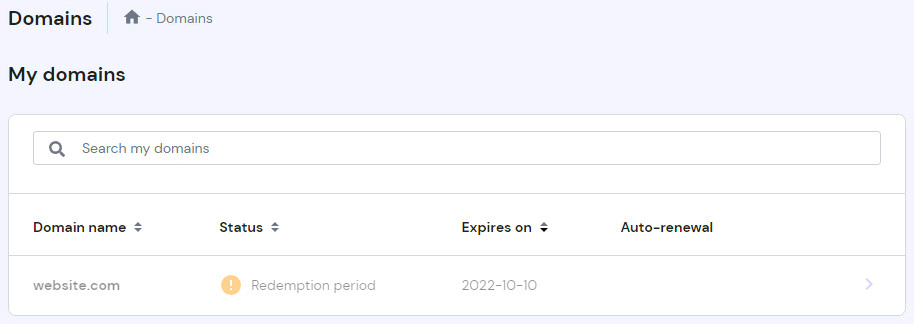 pagina domínios do hpanel mostrando-domínio em período de redenção
