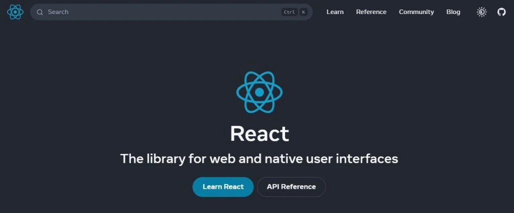 página inicial do site do react.js