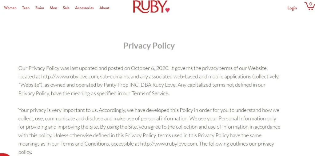 política de privacidade da loja ruby