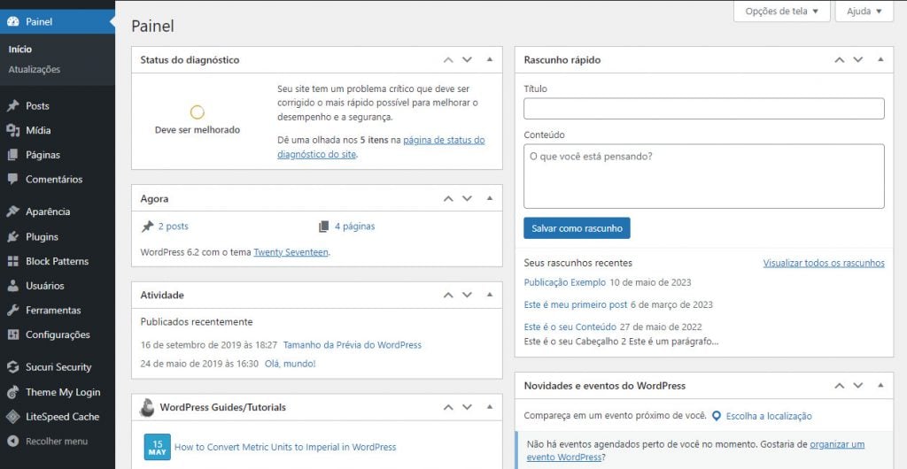 tela inicial do dashboard do wordpress