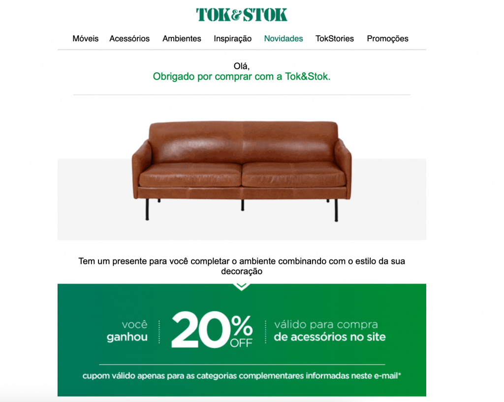 email da tokstok oferecendo desconto para novas compras