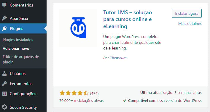 fazer upload do plugin Tutor LMS no WordPress