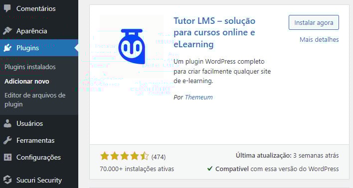 fazer upload do plugin Tutor LMS no WordPress