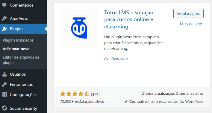 fazer upload do plugin Tutor LMS no WordPress