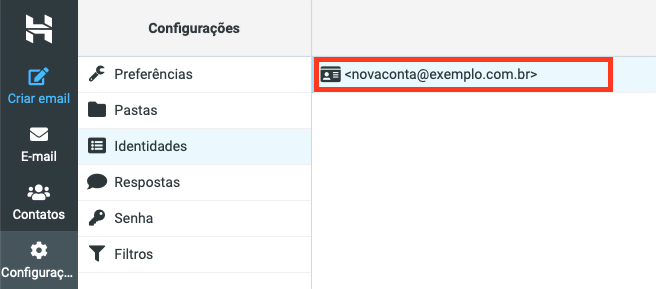 seção identidades nas configurações do email da hostinger