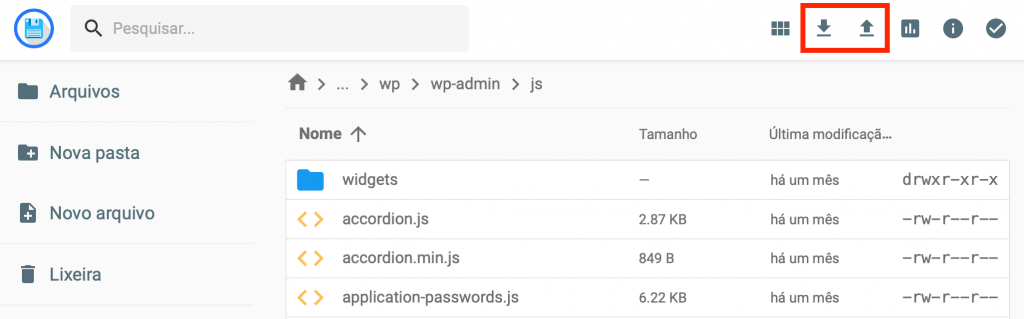 botões de download e upload no gerenciador de arquivos da hostinger