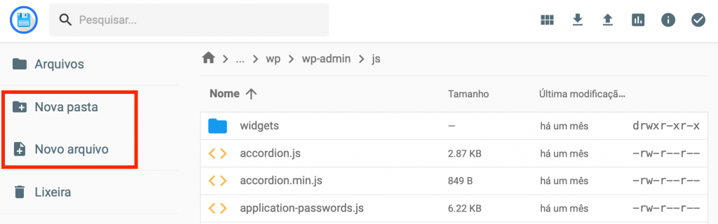 novo arquivo e nova pasta no gerenciador de arquivos da hostinger