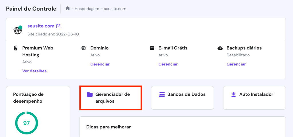 acessando gerenciador de arquivos da hostinger no hpanel