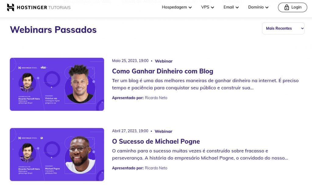 página com os webinars recentes da Hostinger